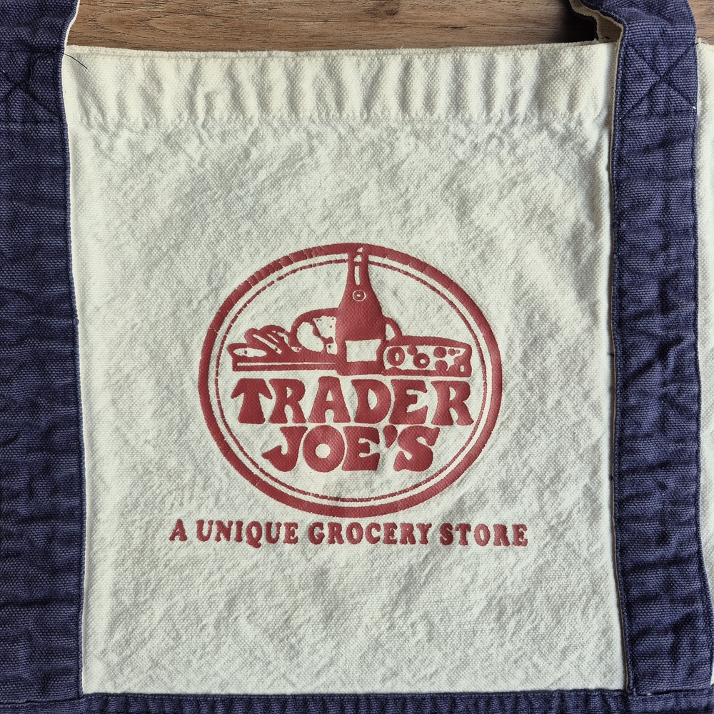 Vintage Trader Joe's Canvas Tote Bag Navy Blue with Red Retro Logo 90s - Picture 2 of 6
